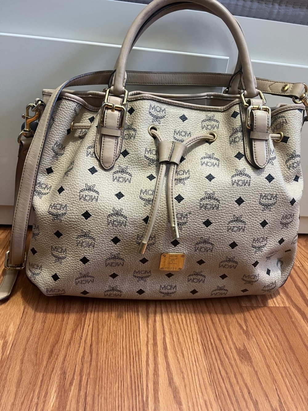 MCM Beige Logo Drawstring Tote with Gold Hardware